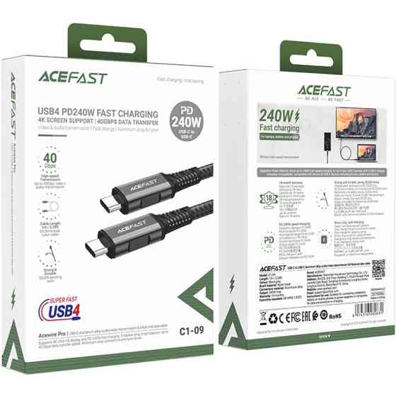 Кабель USB 4.0 Type-C M-M, 1 м 240W audio/video transmission C1-09 Black-grey Acefast Вінниця