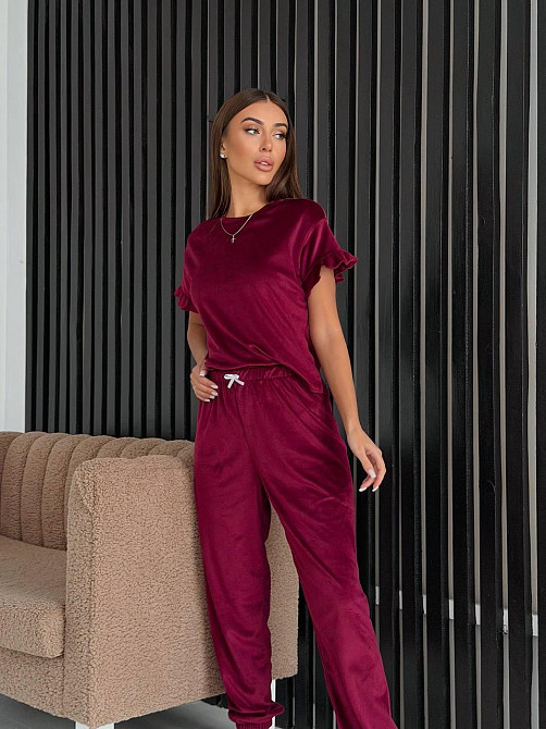Женская стильная домашняя велюровая пижама Бордовый Одесса - изображение 6