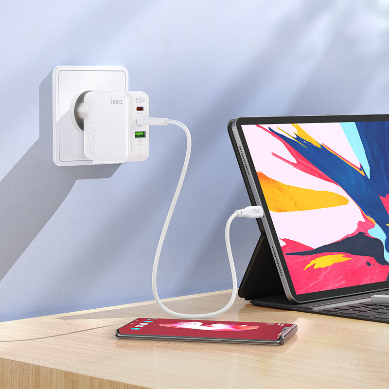 Мережевий зарядний пристрій HOCO C115A Header PD65W GaN three-port(2C1A) charger White Одеса - фото 8