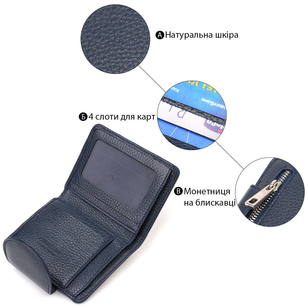 Удобное женское портмоне среднего размера из натуральной зернистой кожи Синее (CANPELLINI) Киев - изображение 8