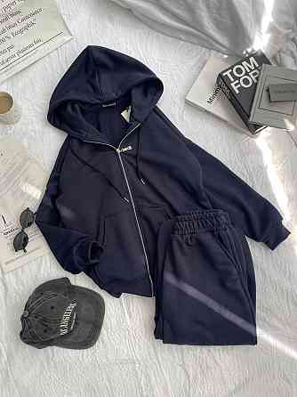 Женский прогулочный оверсайз костюм: кофта на молнии и штаны турецкая трехнить петля Темно-синий Одесса