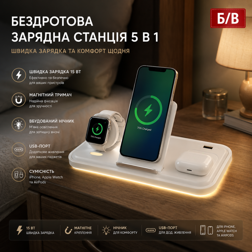 Бездротова зарядна станція 5 в 1: швидка зарядка 15Вт, магнітний тримач, нічник, USB-порт, для iPhone, Apple Watch та AirPods (Б/В Київ - фото 7