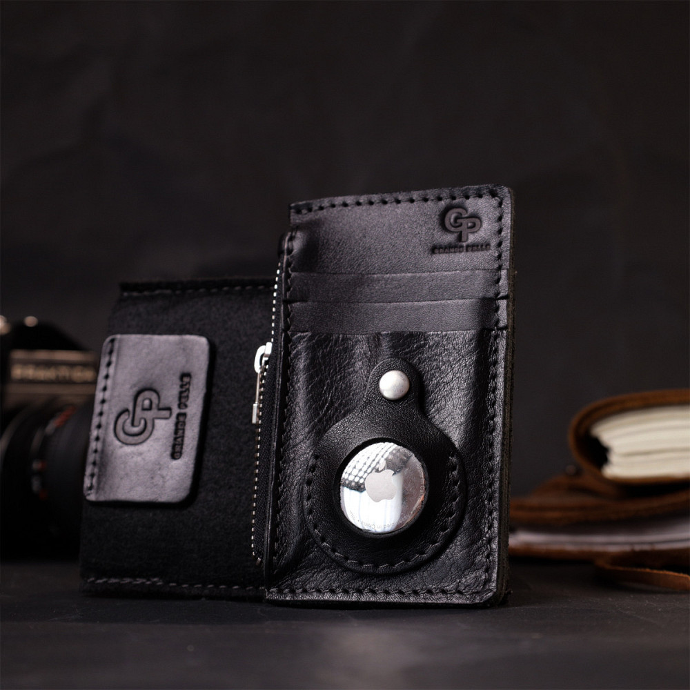 Цікавий картхолдер з утримувачем для Apple AirTag з натуральної шкіри GRANDE PELLE 11628 Чорний Київ - фото 7