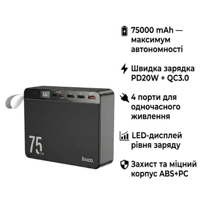 Батарея универсальная HOCO 75000 mAh Overlord PD/20W, QC/3.0/22.5W, Black (J94 / 714739) Винница - изображение 1