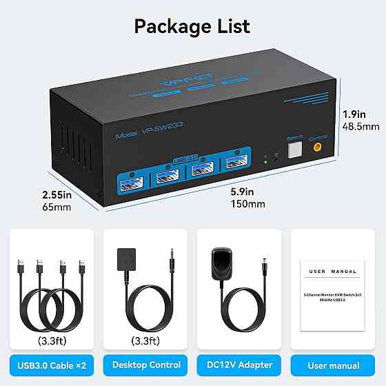 KVM-перемикач 8K @ 60Hz DisplayPort для 2 ПК і 3 моніторів, USB 3.0, 4 порти, підтримка Multi-Screen Київ