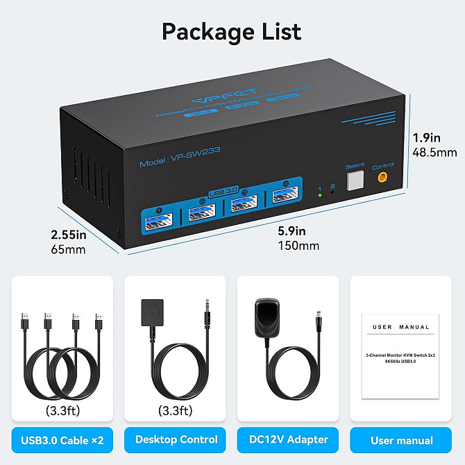 KVM-переключатель 8K @ 60Hz DisplayPort для 2 ПК и 3 мониторов, USB 3.0, 4 порта, поддержка Multi-Sc Киев - изображение 3