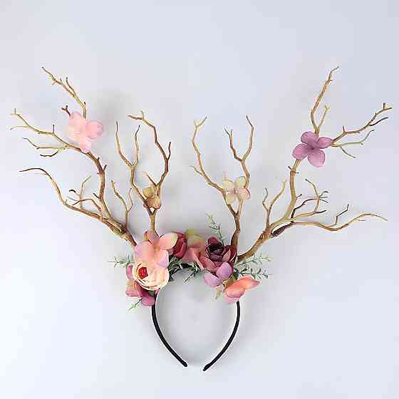 Обруч с цветами и рогами RESTEQ. Ободок с пионами и рогами. Обруч с орхидеями, пионами и ветвями деревьев в виде рогов. Обруч Киев