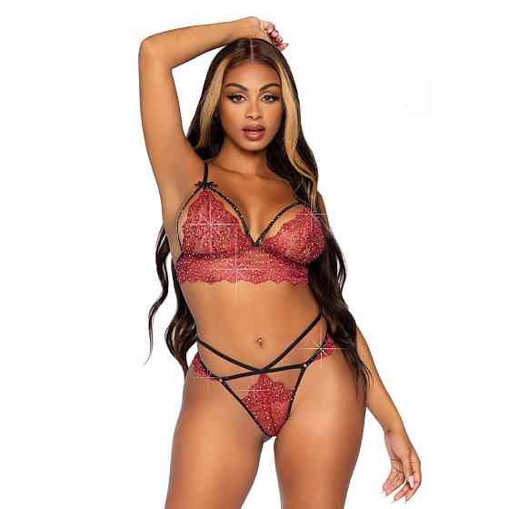 Комплект белья кружевной Leg Avenue Scallop Lace Rhinestone, красный, размер S Sex Aura Киев