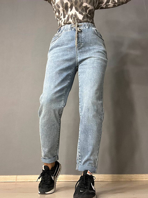 Джинсы женские I8 10029 МОМ талия на резинке со шнурком стрейчевые увеличенные голубые, голубой, 31, Одесса - изображение 7