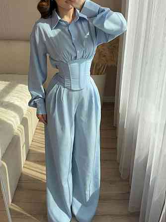Жіночий стильний трендовий повсякденний костюм льон жатка Блакитний, 42/46 Одеса
