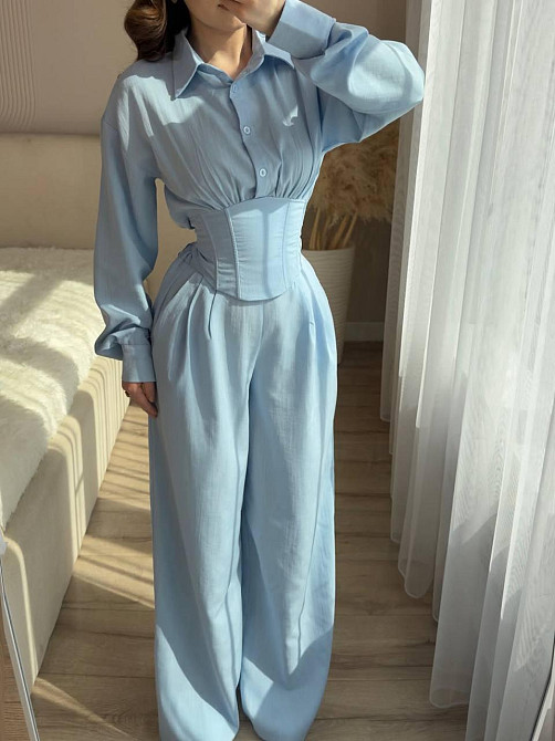 Жіночий стильний трендовий повсякденний костюм льон жатка Блакитний, 42/46 Одеса - фото 1