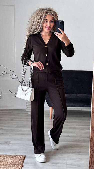 Жіночий стильний повсякденний костюм-двійка: кардиган на ґудзиках + штани трикотажний рубчик Шоколад, 46/48 Одеса - фото 5