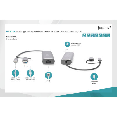 Перехідник USB-C + USB 3.0 to RJ45 2500Mbps Ethernet Digitus (DN-3028) Вінниця - фото 10