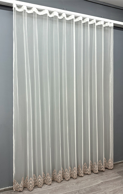 Тюль VR-Textil 1695т Грек-сетка с вышивкой и люрексом Молочный с пудровым 300х270 см (42-0736) Киев - изображение 3