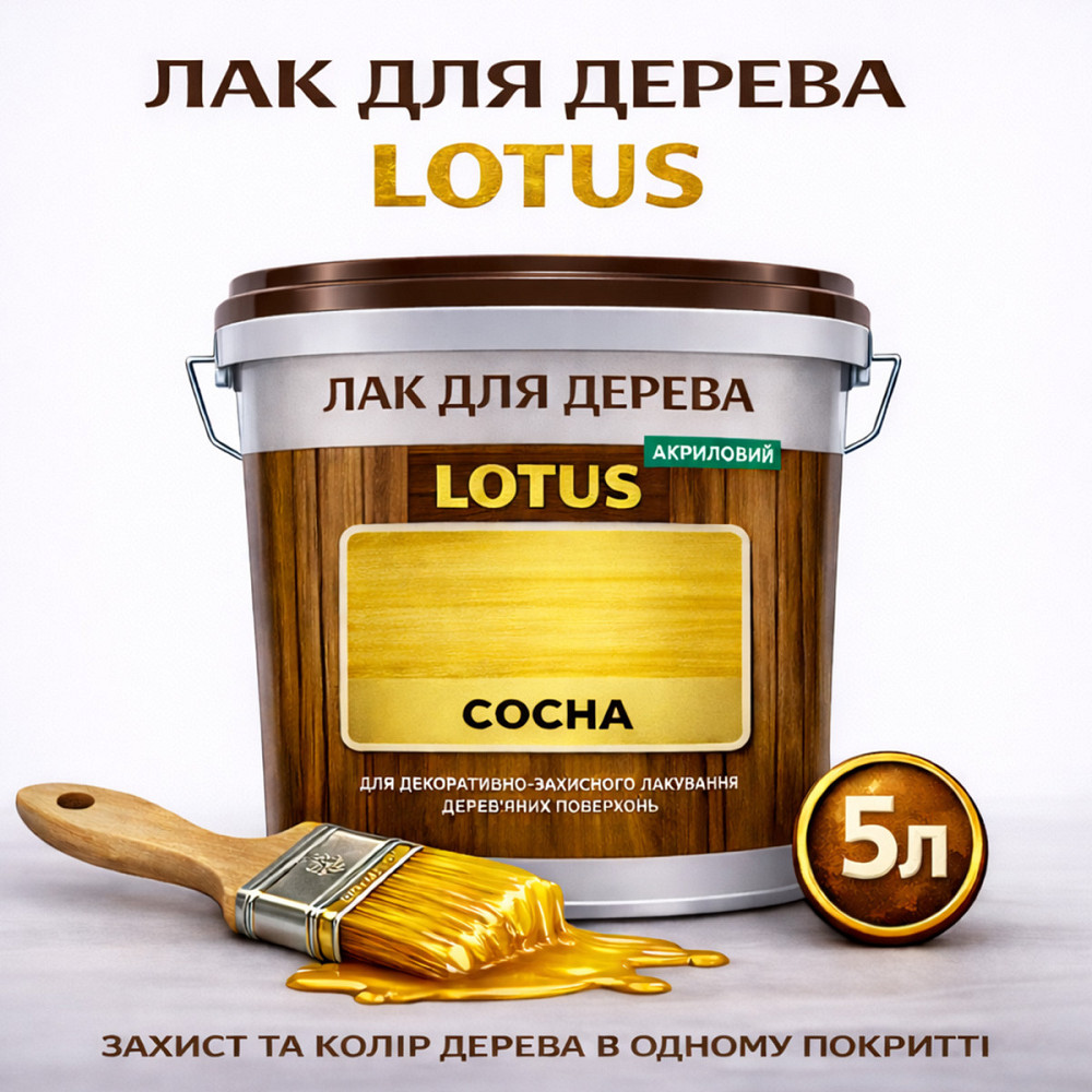Лак для дерева кольоровий LOTUS Сосна, глянцевий, зносостійкий, для меблів та підлоги, без запаху, 5 л Харків - фото 1