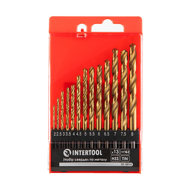 Набір свердел по металу DIN338 HSS, 13 шт. (2-8 мм), покриття Ti INTERTOOL SD-0014 Київ - фото 1