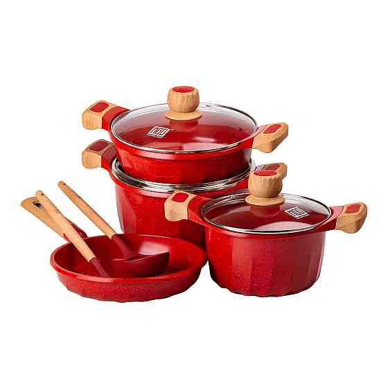 MGC Набір посуду, 3 каструлі, товстодонне алюмінієве дно MGC з лопаткою та ополоником, червоний Київ