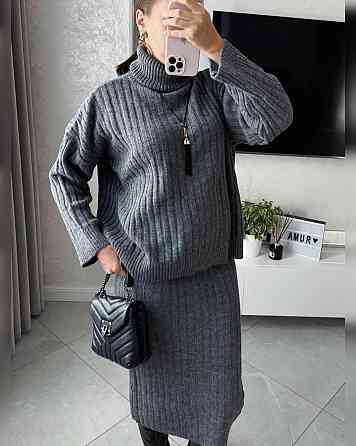 Женский теплый базовый костюм: свитер и юбка машинная вязка + ангора Антрацит Одесса