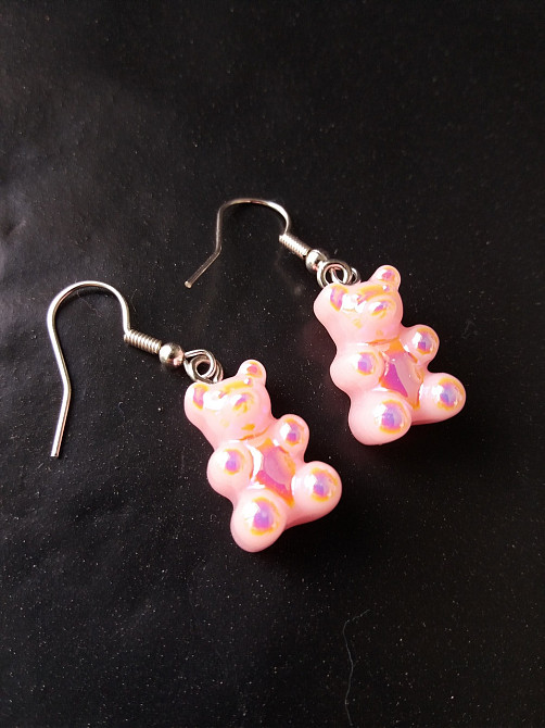 Сережки мишки, молочно-розовые с напылением - размер мишки 1,7см, смола Киев - изображение 1