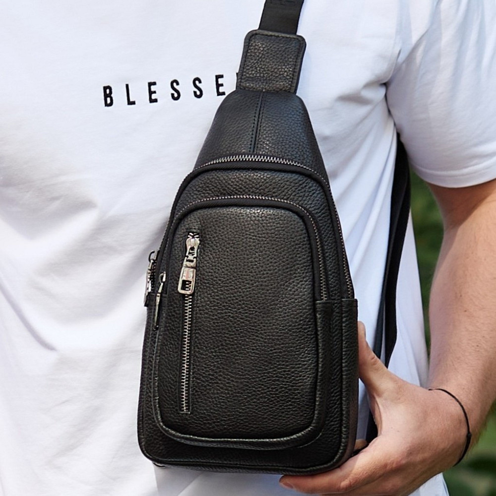 Сумка слинг мужская через плечо 19х31х7, нагрудная сумочка рюкзак из натуральной кожи TIDING BAG 32545 черная Киев - изображение 1