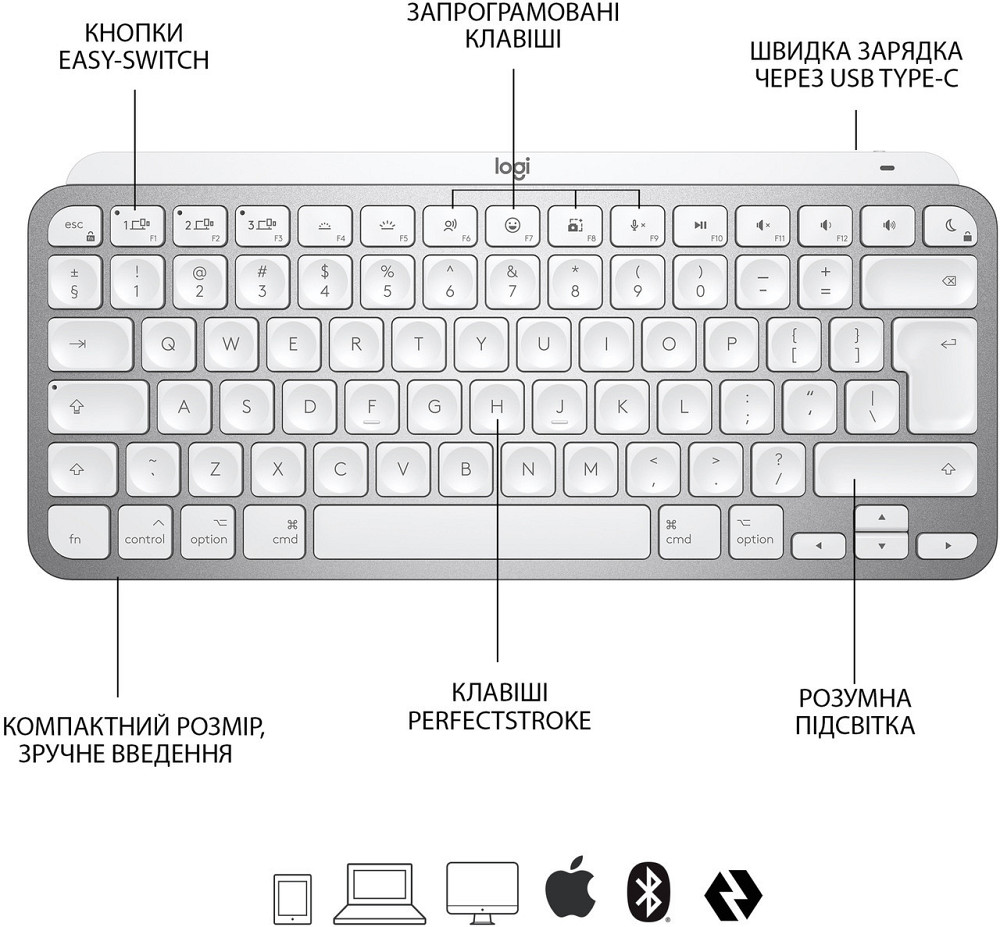 Клавіатура бездротова Logitech MX Keys Mini For Mac Minimalist Wireless Illuminated Pale Grey (920-010526) ( Сірий ) Харків - фото 5