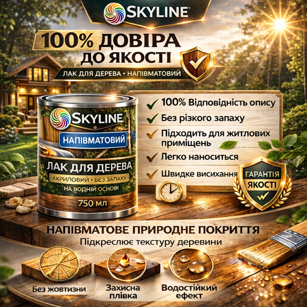 Лак для дерева Skyline напівматовий акриловий прозорий без запаху для внутрішніх та зовнішніх робіт 750 мл Харків - фото 9
