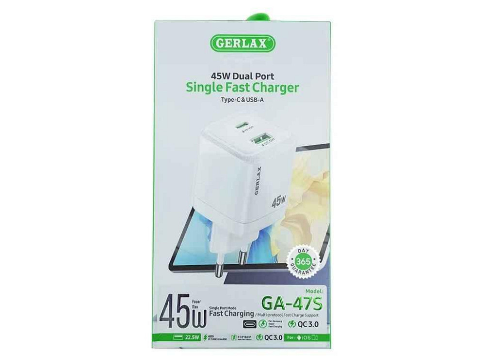 Мережевий зарядний пристрій USB GA-47S 3A/QC3.0/45W/PD білий ТМ GERLAX Київ - фото 1