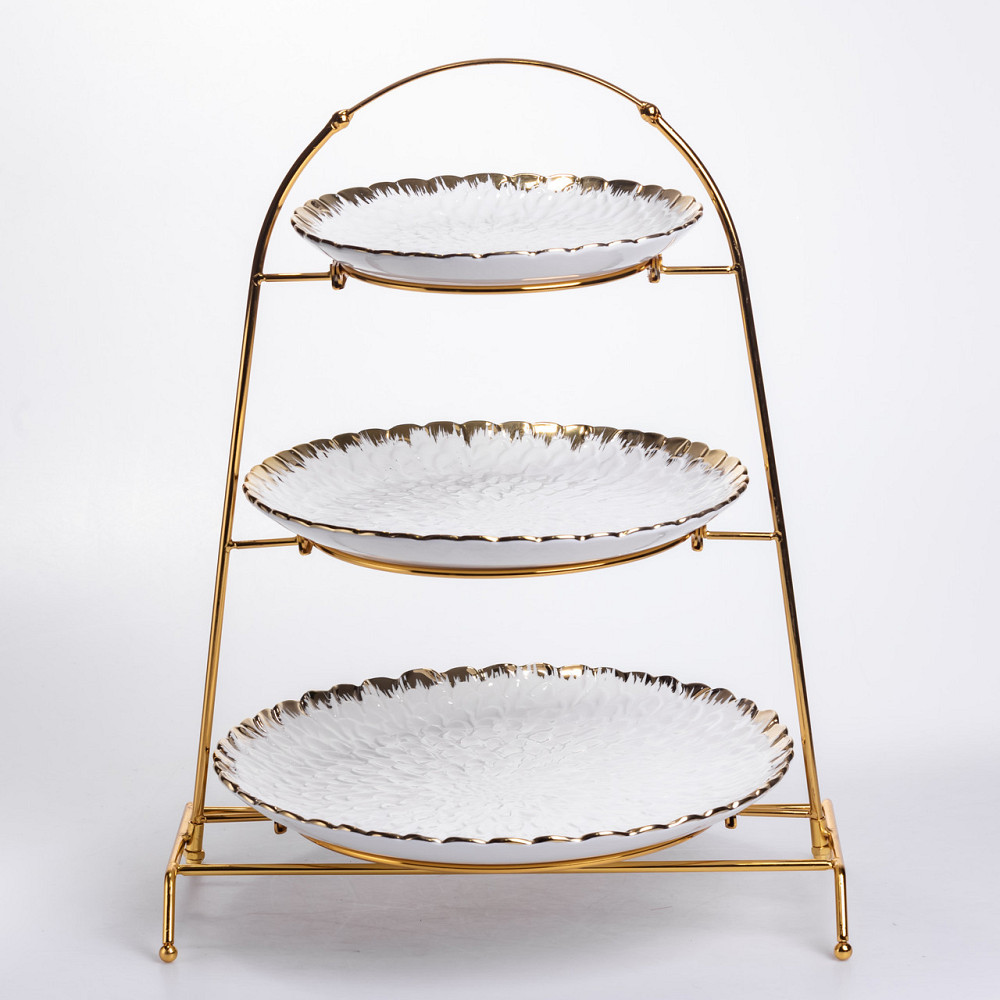 Фруктовниця на 3 яруси фуршетна стійка для закусок 29×25×20 (см) цукерка Білий із золотом YZH-009 Київ - фото 1