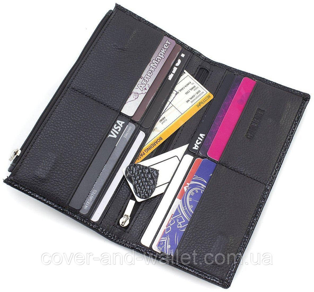 Тонкий женский кошелек для купюр и карточек черного цвета из лаковой кожи ST Leather 006 Киев - изображение 7