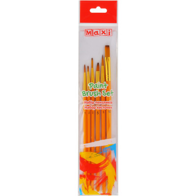 Кисточка для рисования Maxi набор 6 шт синтетический ворс, плоские (№ 2, 5, 10) круглые (№ 1, 3, 5) короткая ручка (MX60877) Винница - изображение 1