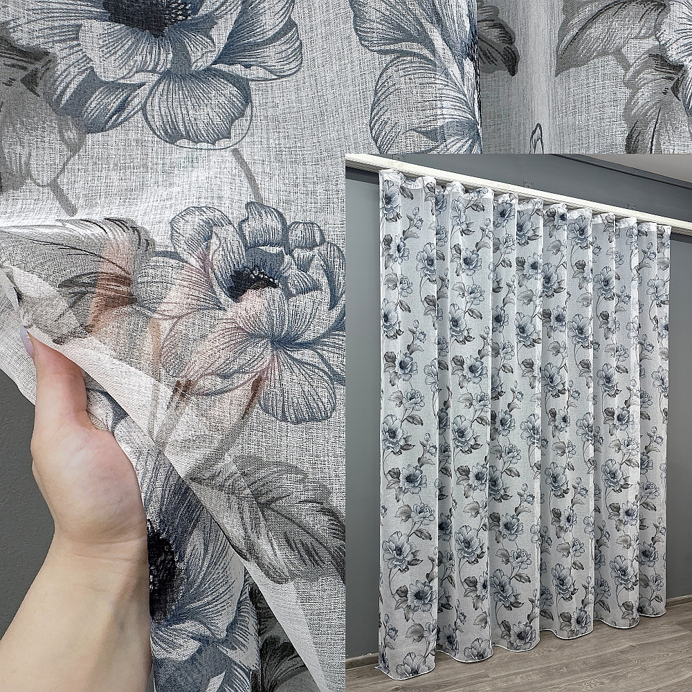 Тюль VR-Textil 1543т Flora Батист Білий з сіро-синім 400х270 см (42-0964) Київ - фото 1