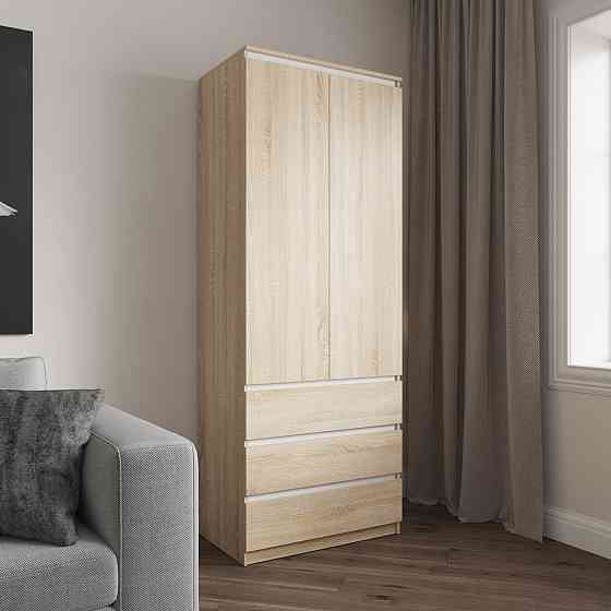 Шафа для одягу VAYS R-16 Дуб Сонома-Білі планки, 3 шухляди, полиці, без ручок, ЛДСП, 80×50×211 см – для спальні, вітальні, передпокою Львів