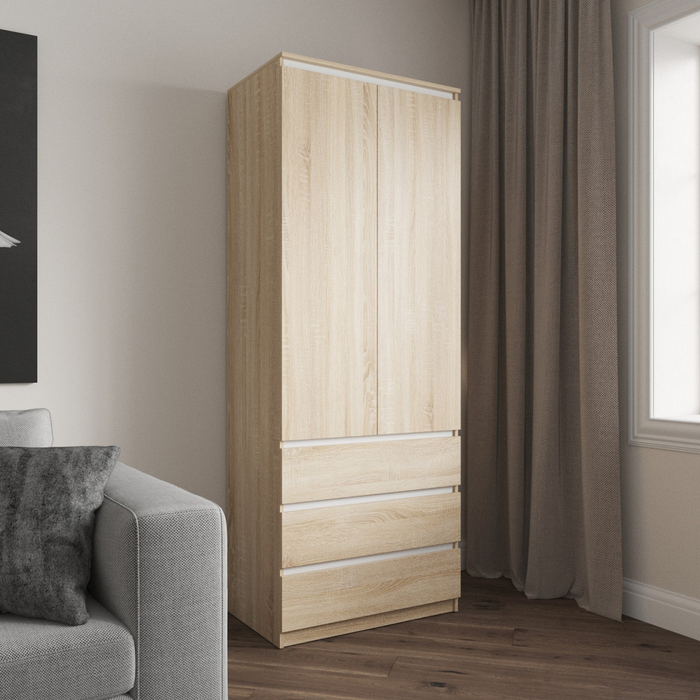 Шафа для одягу VAYS R-16 Дуб Сонома-Білі планки, 3 шухляди, полиці, без ручок, ЛДСП, 80×50×211 см – для спальні, вітальні, передпокою Львів - фото 1