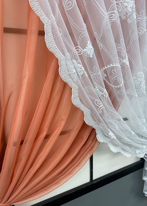 Кухонные шторки VR-Textil № 101к с подвязками коралловый с белым 330х170 см (52-1191) Киев - изображение 3