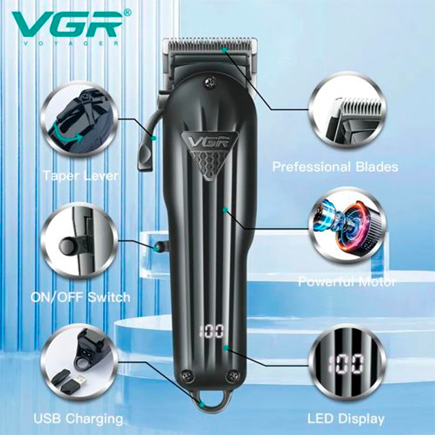 Машинка для стрижки аккумуляторная VGR V-282 LCD расческа (6 насадок) Винница - изображение 3