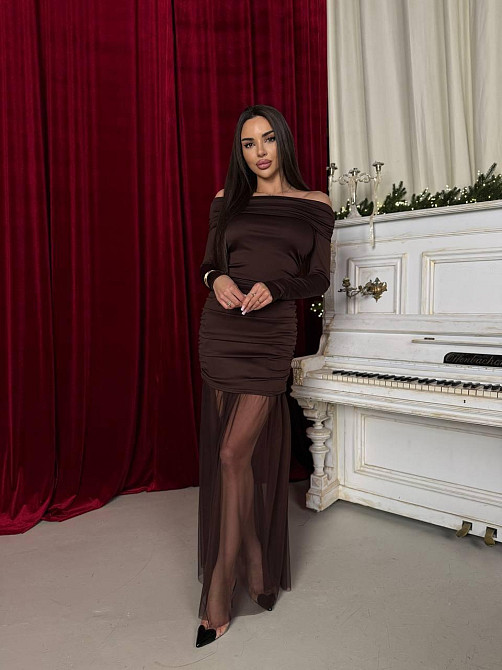 Жіноче елегантне вечірнє максіплаття, мікродайвінг і сітка Шоколад, 46/48 Одеса - фото 7