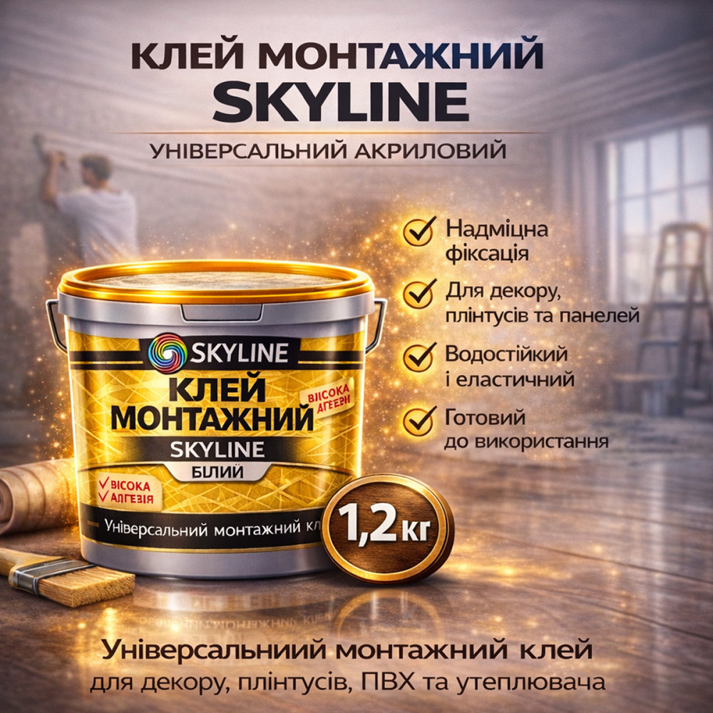 Клей монтажний акриловий 1.2 кг Skyline універсальний вологостійкий білий для декору, плінтусів та ПВХ Харків - фото 1