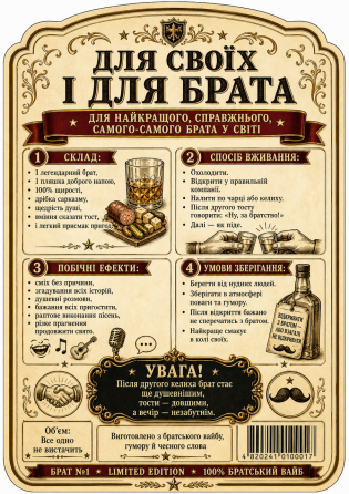 Етикетки на пляшку вина або ігристого для брата “Брат №1” | Прикольний подарунок брату | Комплект етикетка + контретикетка Одеса
