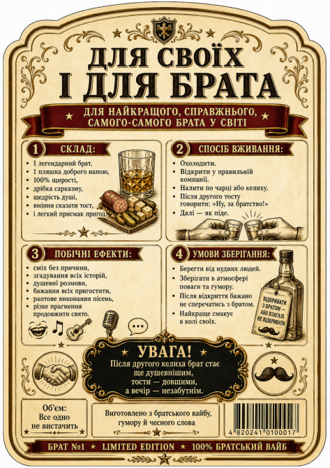 Етикетки на пляшку вина або ігристого для брата “Брат №1” | Прикольний подарунок брату | Комплект етикетка + контретикетка Одеса - фото 2