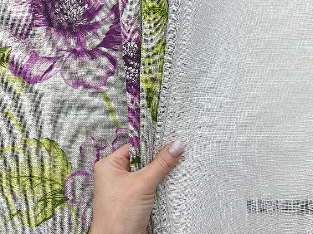 Комплект штор VR-Textil Лен Прованс 100х270 2шт и Тюль 300х270 2079ш-115т Серый с фиолетовым и белым 71-214/1 Киев - изображение 8