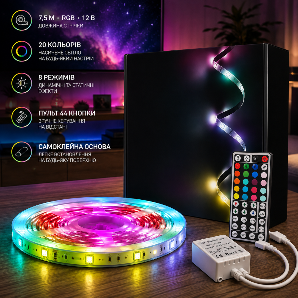 Светодиодная RGB лента phopollo 7,5 м 12 В, пульт 44 кнопки, 20 цветов, 8 режимов, самоклеящаяся Киев - изображение 5