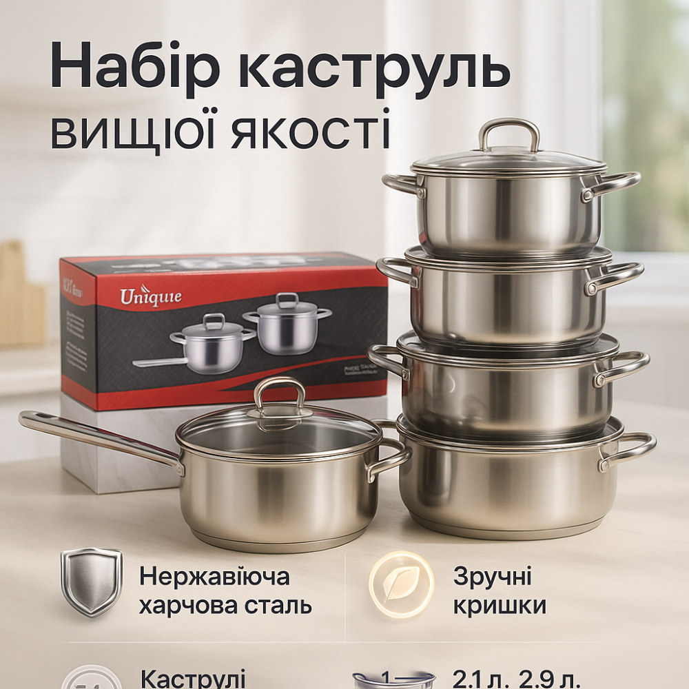 Набор кастрюль с крышками для кухни UNIQUE, Набор кастрюль с антипригарным дном, Кастрюли из нержавейки FL-21 Львов - изображение 11