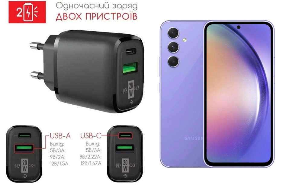 Сетевое зарядное устройство для Samsung Galaxy A54 5G, 20W 3A, Quick Charge 3.0 Киев - изображение 1