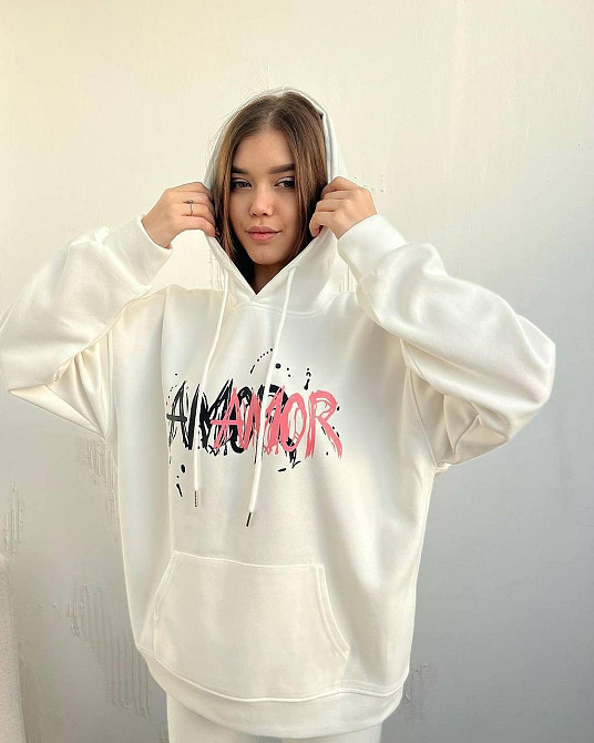 Женское теплое оверсайз худи AMORE трехнить на флисе Белый Одесса - изображение 1