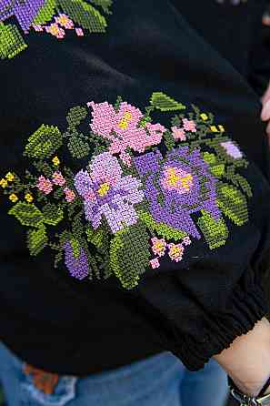 Вышиванка женская, льняная, черная, с длинным рукавом топ Киев