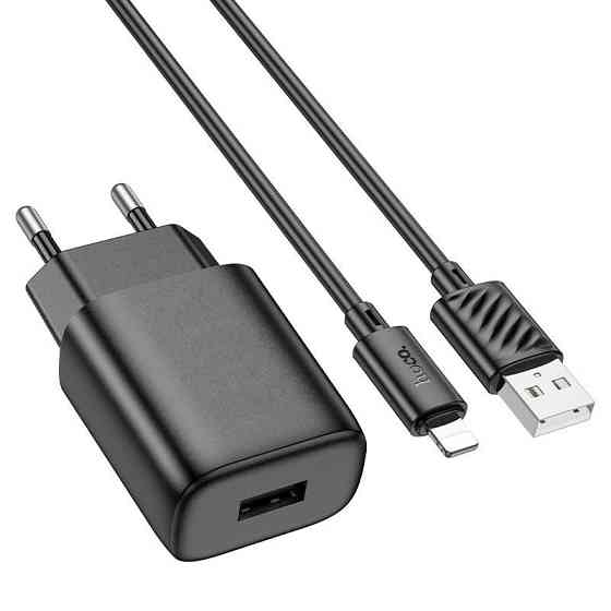 Мережевий зарядний пристрій з кабелем HOCO C134A Solid single-port charger set (iP) (EU) Black Одеса