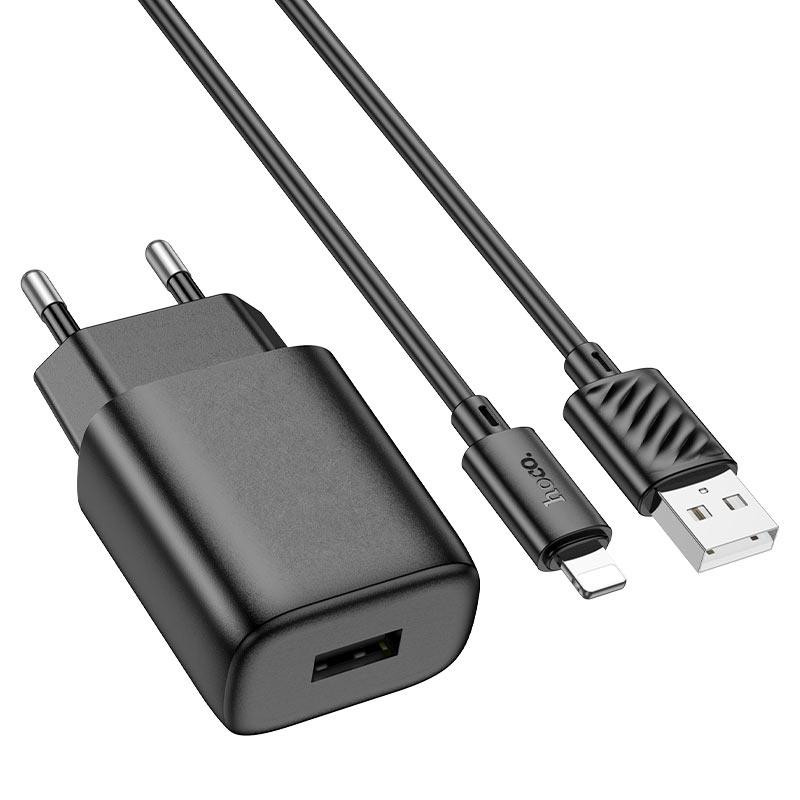 Мережевий зарядний пристрій з кабелем HOCO C134A Solid single-port charger set (iP) (EU) Black Одеса - фото 1