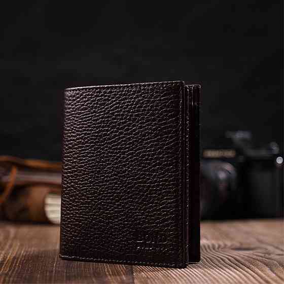 Компактный мужской бумажник из натуральной зернистой кожи без застежки Коричневый (BOND) Киев