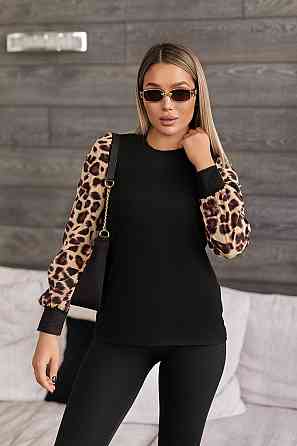 Стильна жіноча кофтинка з леопардовими рукавами "Alberta" | Норма і батал Чорний, 42-44 Київ