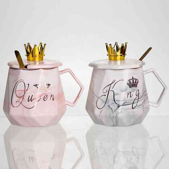 Набір парних порцелянових чашок Queen&King 2 (шт) по 400 (мл) чашки на подарунок із кришкою та ложкою FM-30 Коломия